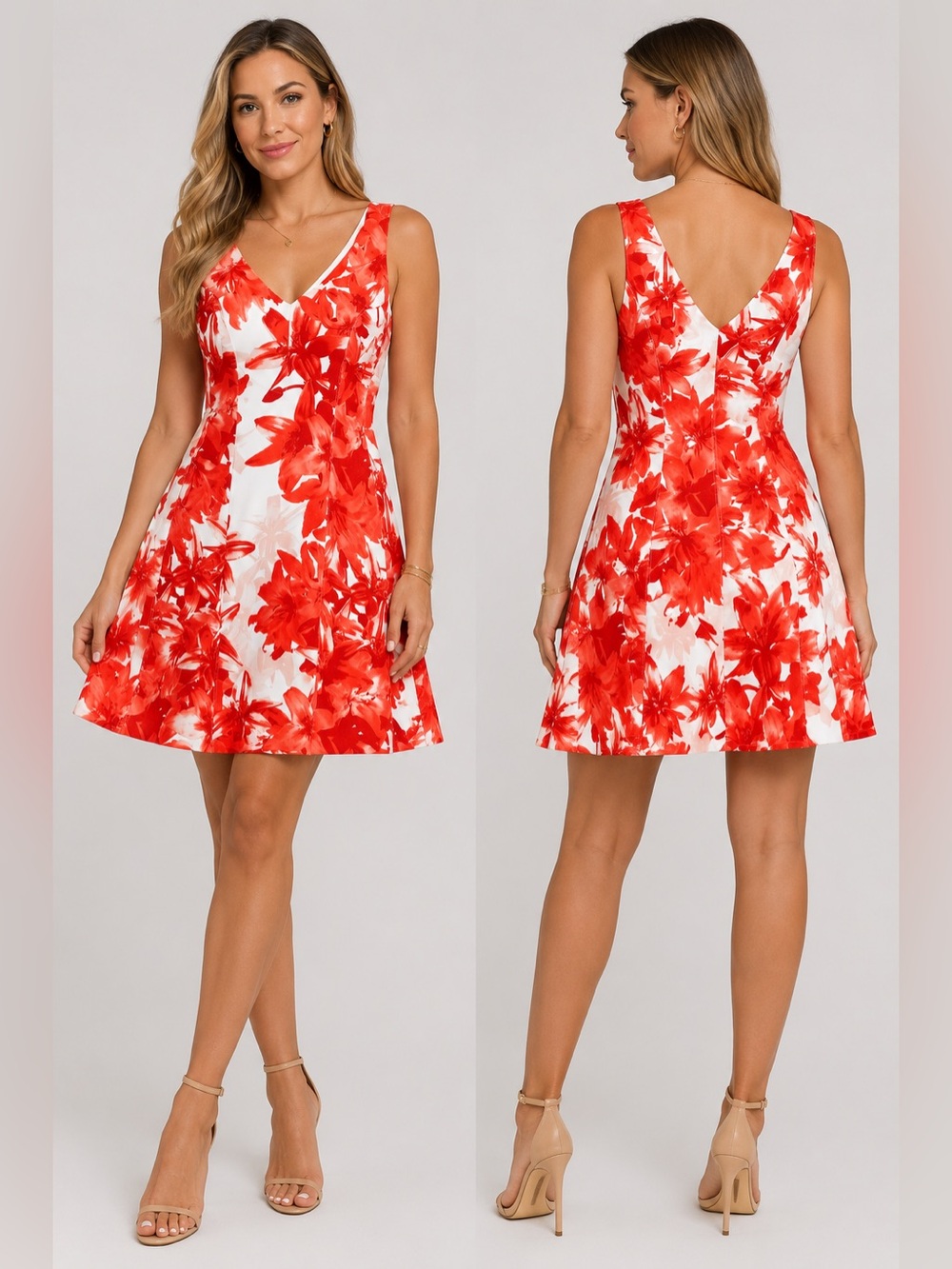INC International Concepts Red & White Floral Fit & Flare Dress | Large #1037